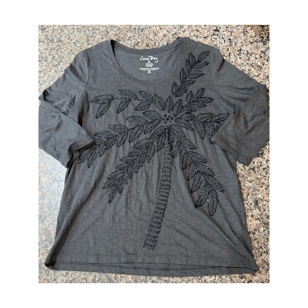 Coral Bay Forever Florida Beaded Palm Tree Top Gray Cotton‎ 3/4 Sleeve PL